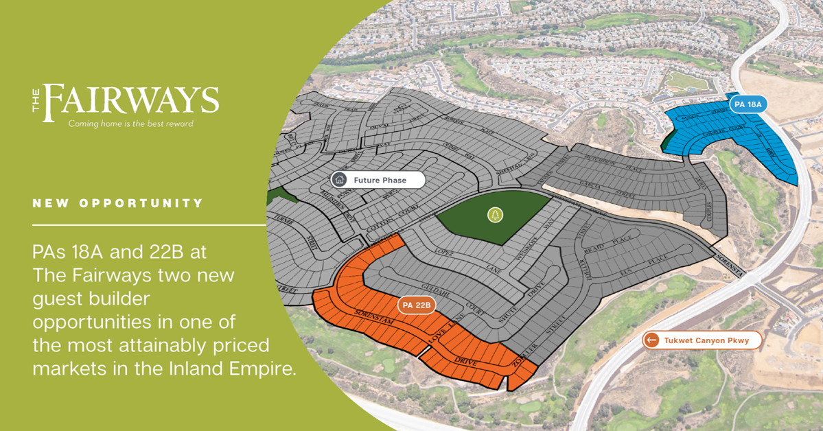 New Opportunity | PAs 18A and 22B at The Fairways two new guest builder opportunities in one of the most attainably priced markets in the Inland Empire., Province West